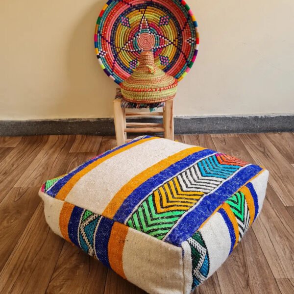 Handmade Moroccan Kilim Rug Pouf – One-of-a-Kind Vintage Berber Ottoman
