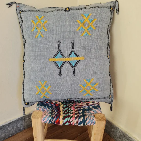 Two Elegant Gray Moroccan Cactus Silk Pillows – Handmade with Vibrant Berber Embroidery for Stylish Interiors