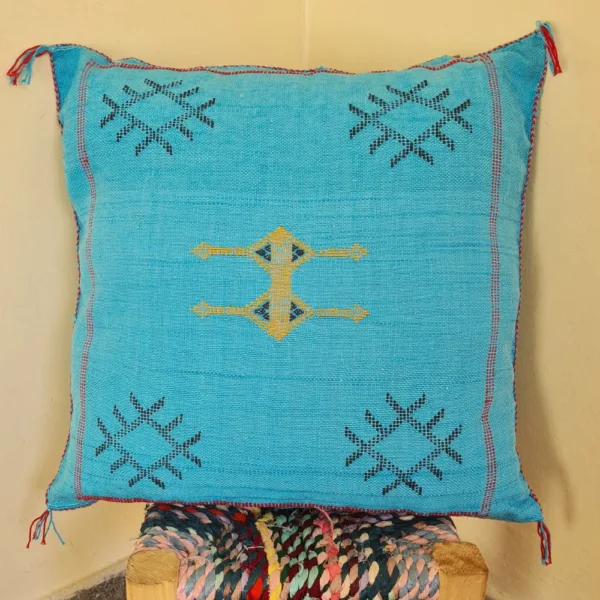 Two Handmade Moroccan Cactus Silk Pillows – Turquoise with Berber Embroidery