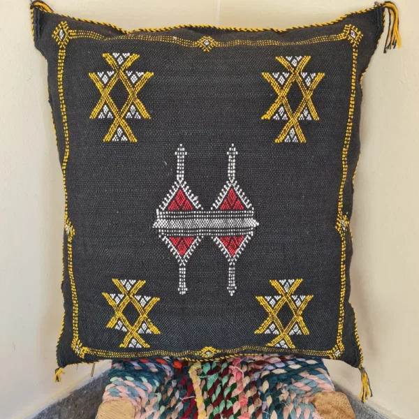 Two Handmade Moroccan Cactus Silk Pillows in Bold Black with Berber Embroidery
