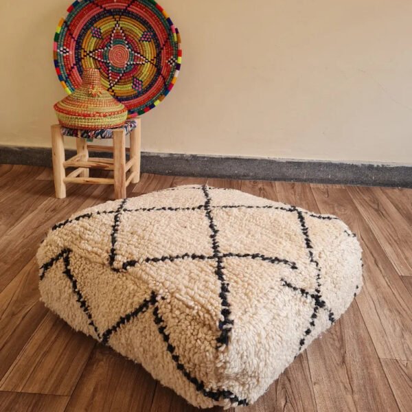 Handmade Moroccan Beni Ourain Pouf – Vintage Wool Floor Cushion