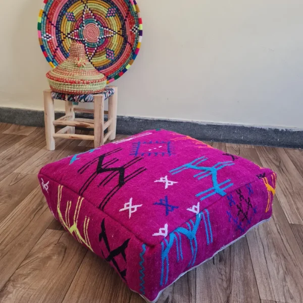 Handmade Moroccan Berber Pouf – Bold Magenta Vintage Ottoman