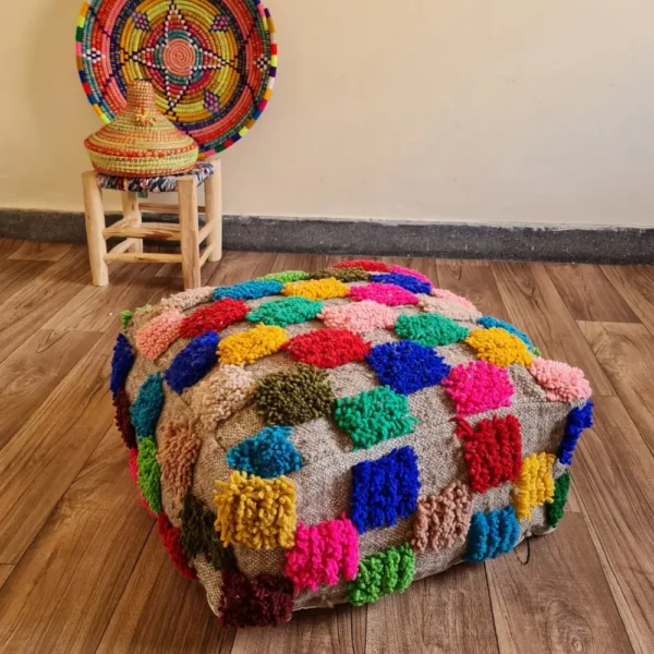 Handmade Moroccan Boujaad Rug Pouf – One-of-a-Kind Vintage Berber Ottoman
