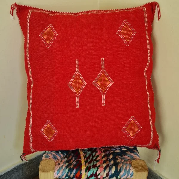 Two Handmade Moroccan Cactus Silk Pillows in Red with Authentic Berber Embroidery