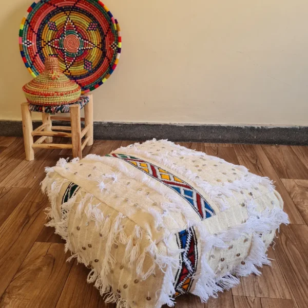 Handmade Moroccan Handira Rug Pouf – One-of-a-Kind Vintage Berber Ottoman
