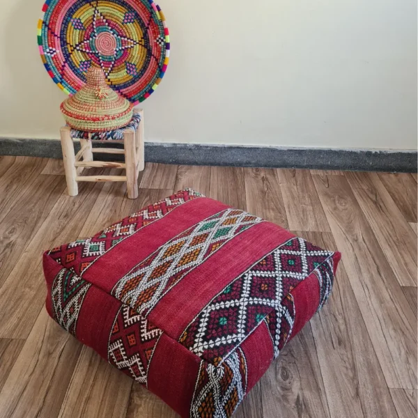 Handmade Moroccan Kilim Rug Pouf – One-of-a-Kind Vintage Berber Ottoman