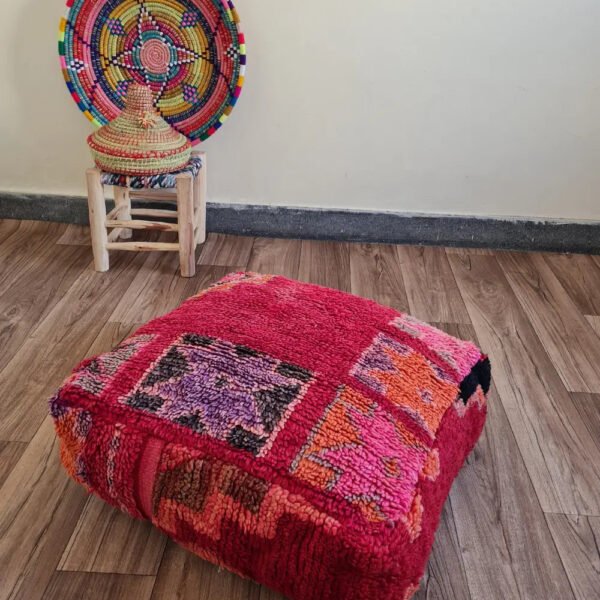 Handmade Moroccan Pouf – Antique Rug & Vibrant Star Motif Ottoman