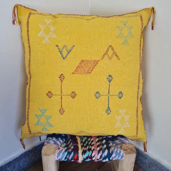 Two Handwoven Moroccan Cactus Silk Pillows – Mustard Yellow with Berber Motifs
