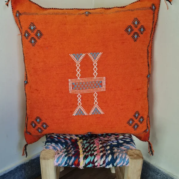 Two Handmade Moroccan Cactus Silk Pillows – Orange with Berber Embroidery