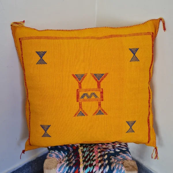 Two Handmade Moroccan Cactus Silk Pillows – Mustard Yellow with Berber Embroidery