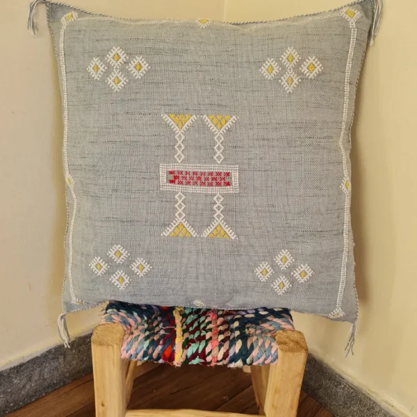Two Handmade Moroccan Cactus Silk Pillows in Elegant Gray with Berber Embroidery