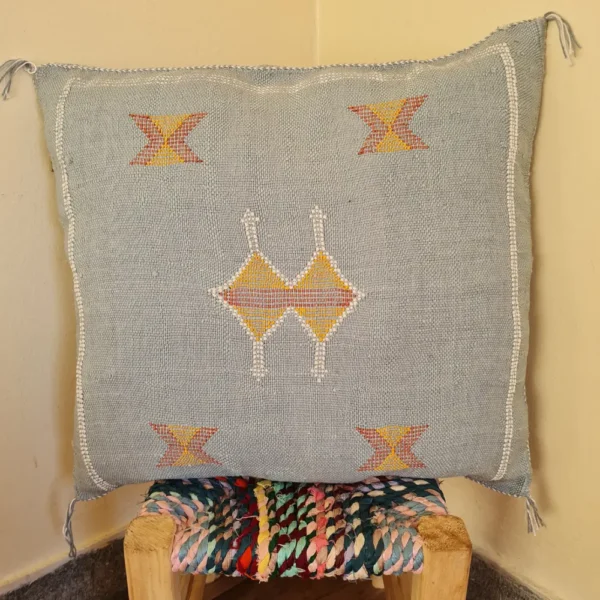 Two Handmade Moroccan Cactus Silk Pillows in Gray with Authentic Berber Embroidery