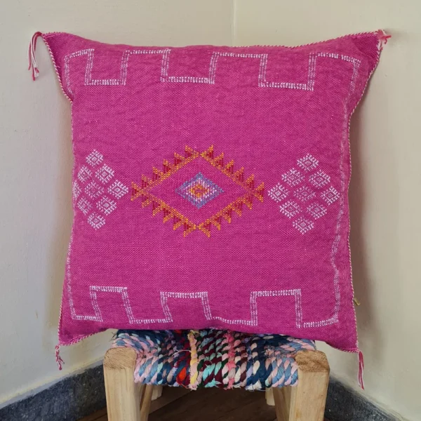 Two Vibrant Pink Moroccan Cactus Silk Pillows – Handmade with Intricate Berber Embroidery for Boho Décor