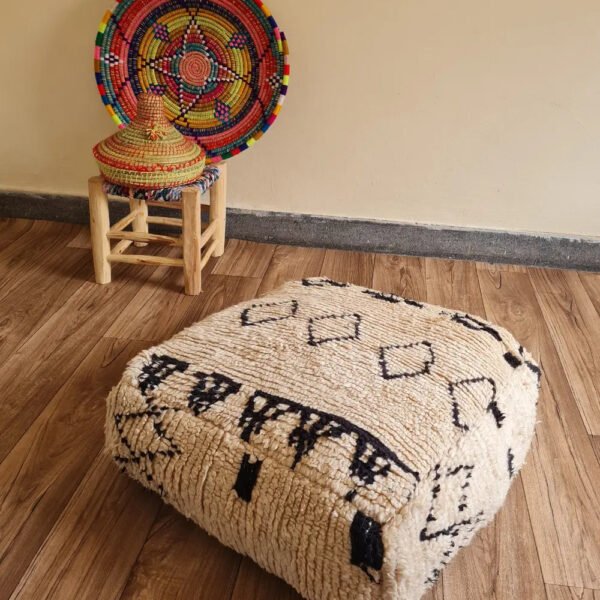 Handmade Moroccan Beni Ourain Pouf – Vintage Wool Floor Cushion