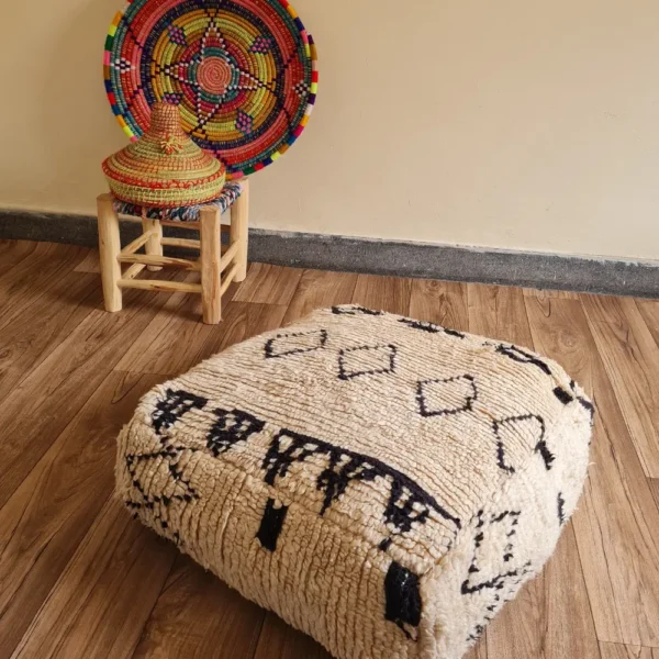 Handmade Moroccan Beni Ourain Pouf – Vintage Wool Floor Cushion