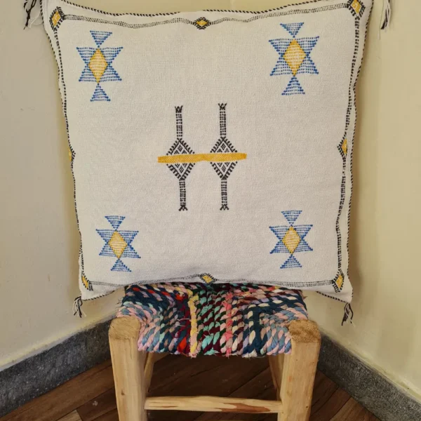 Two Handmade Moroccan Cactus Silk Pillows – White with Berber Embroidery