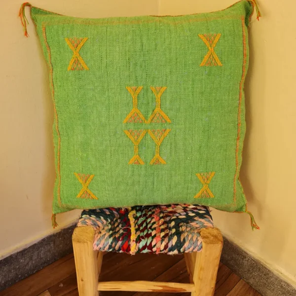 Two Handmade Moroccan Cactus Silk Pillows in Green and Yellow with Authentic Berber Embroidery